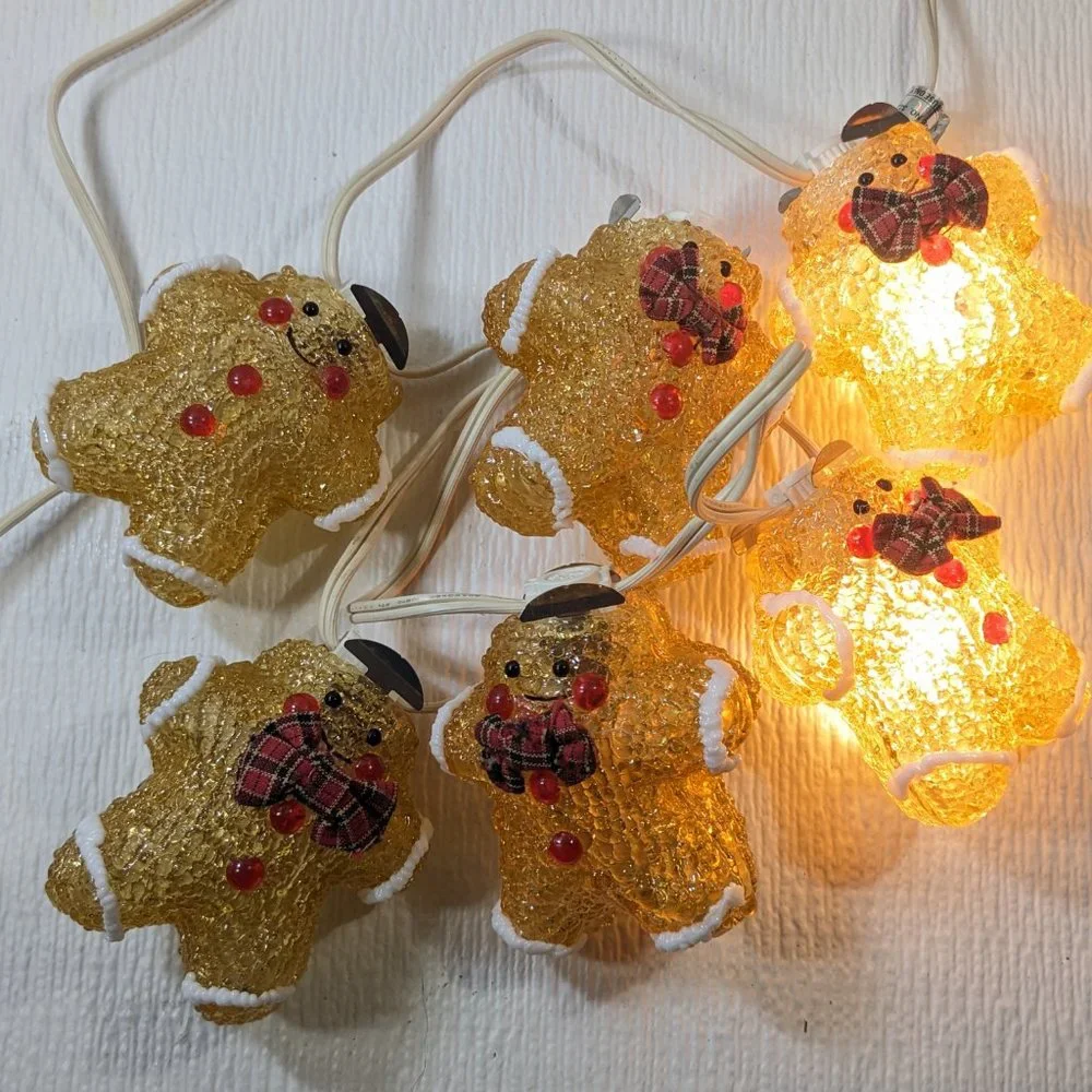 Vintage Gingerbread‎ men cookies string Lights Christmas bowtie caps 6 ft decor